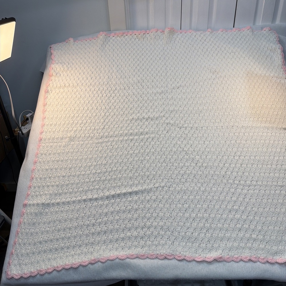Handmade Crochet Baby Blanket White With Pink Border. With‎ A Little Sparkle